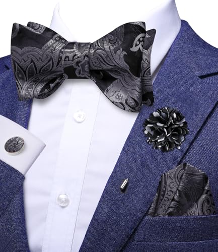 Image of Dubulle Self Tie Bow Ties and Lapel Pin for Men Paisley Solid Mens Bowtie and Handkerchief Cufflinks Set Wedding
