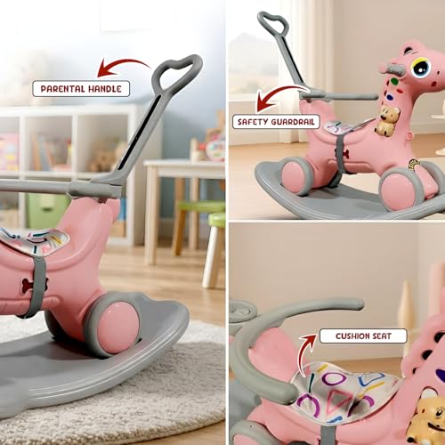 Image of 3 in 1 Push Ride On Rocker Horse for Kids with Parent Handle & Safety Belt, Convertible Rocking Horse to Ride On Toy, Non Toxic Plastic Baby Rider for 1 to 5 Years Boys & Girls (Pink)