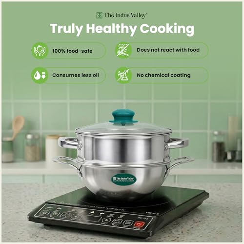 Image of The Indus Valley Triply Stainless Steel Cookware Set of 3 | 20cm Triply Deep Kadai (2.2L) and Stainess Steel Steamer with Common Glass Lid | Induction Base | Multipurpose Cooking - Steam, Fry, Boil & Cook | Perfect for Momos, Dum & Curries