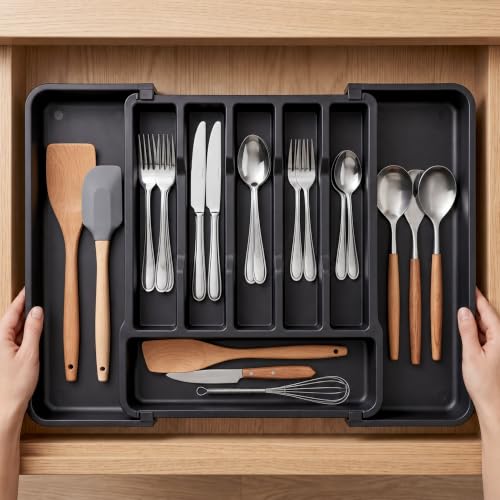 Image of TEX-RO Expandable Cutlery Tray for Kitchen Drawer | Adjustable Utensil Organizer with Multiple Compartments | Plastic Spoon, Fork & Knife Storage for Modular Kitchen