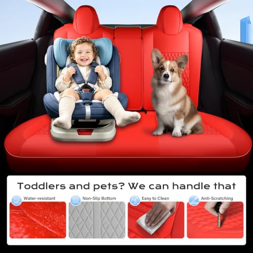 Image of Coverado Red Car Seat Covers Compatible with 2017-2023 Tesla Model 3, Waterproof Full Set 5 Seats, Leatherette Car Seat Covers and Back Car Seat Cushion, Custom for Tesla Model 3