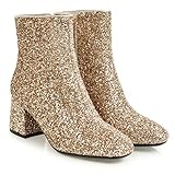 MissHeel Sparkle Boots Womens Satin Heels with Rhinestone Booties Chunky Heel Bling Evening Boots Glitter High Heel New Year Shoes Gold Size 9