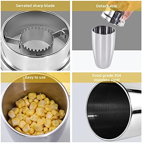 DJ&RPPQ Corn Thresher, Stainless Steel Corn Stripper Peeler with Cup, Quickly Remove Kernels from The Cob with Serrated Sharp Blade, No Hand Injury, Seamless, No Splatters (Silver)