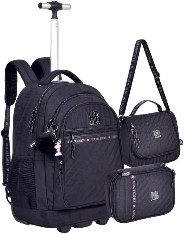 Kit Mochila Escolar Rebecca Rodinhas com Lancheira e Estojo Box RB Original Bombom Bonbon Rodas Carrinho