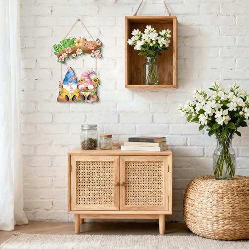 Image of HPNIUB Spring Welcome Door Sign, Cute Gnome Hanging Sign for Home, Farmhouse Colorful Flowers Spring Wall Decor for Indoor outdoor Front Door Window Yard Wall Decorations