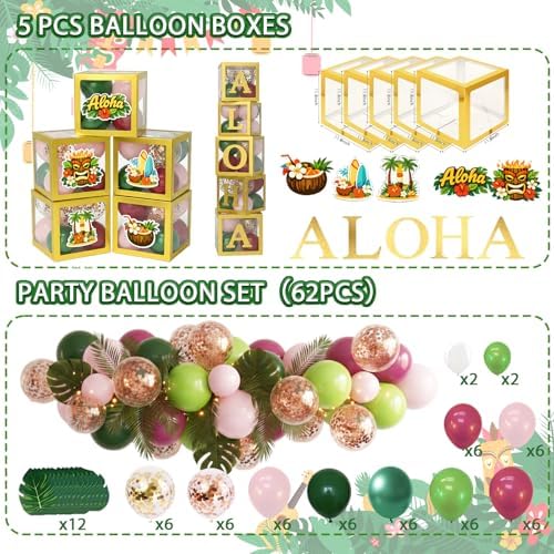 169 PCS Luau Party Decorations, Hawaiian Party Supplies - "ALOHA" Balloons, Hawaiian Boxes, Balloon Arch Garland Kit, Fringe Curtains, Palm Leaf, Table Cloth and Skirt — view 3