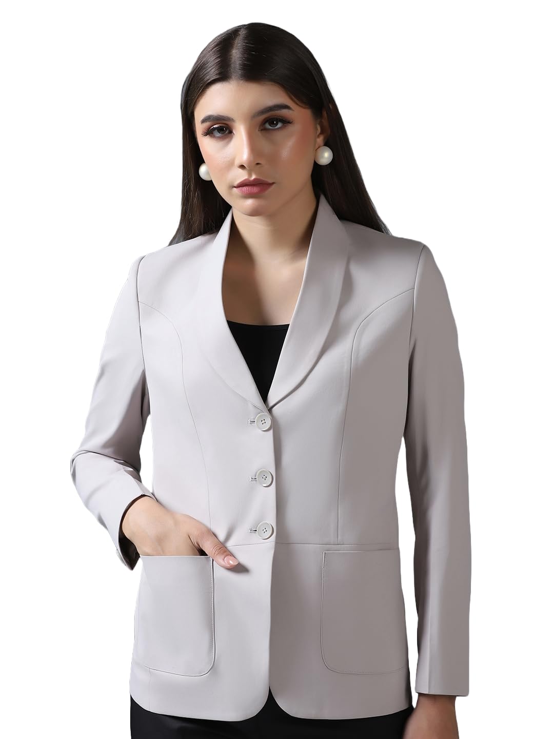Women’s Formal Blazer for Office Wear | Light Beige, Slim Fit, Long Sleeve Workwear Jacket with Pockets | Professional Look for Interviews & Meetings-image-5