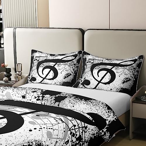 Music Notes 100% Cotton Duvet Cover Rock Music Themed Musical Pattern Bedding 100% Cotton Set for Kids Adults Grunge Design Duvet Set Ultra Soft Black White Room Decor King Zipper Quilt Cover - Image 4