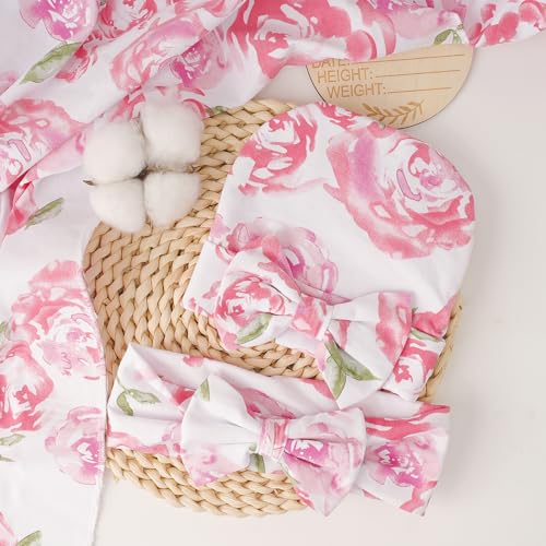 Image of DRESHOW BQUBO Baby Girl Newborn Floral Receiving Blankets with Bow Hat Headband Wooden Birth Announcement Card Set Newborn Baby Swaddling Hats Swaddle Blanket Toddler Warm Shower Gift
