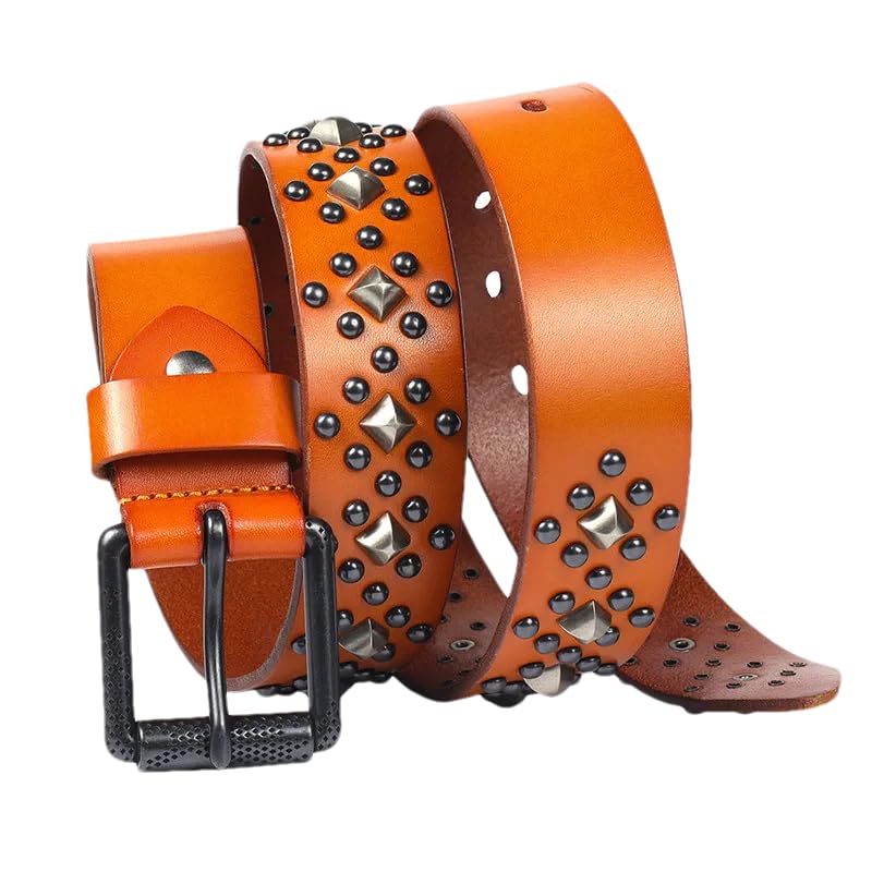 Pohullan Men 3.8cm Punk Rock Rivet Belt Leather Studded Belts Decorative Belts For Jeans