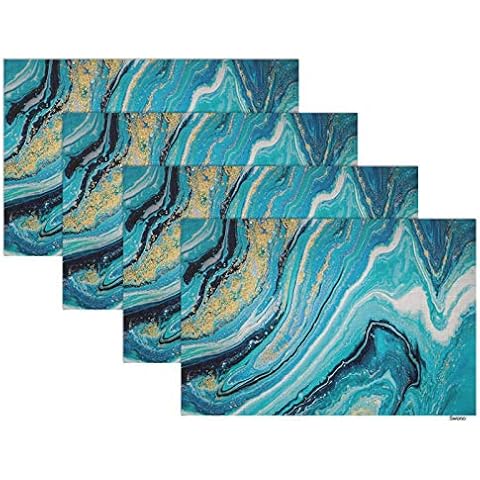 Swono Blue and Golden Mable Placemats,Incorporate The Swirls of Marble Or The Ripples of Agate Place Mats Home Decoration for Dinner Table,Indoor Outdoor Waterproof Kitchen Table Mats Set of 4,12"X18" Cover