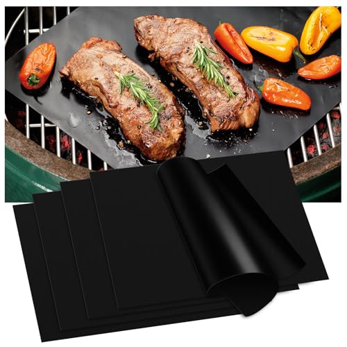 KitchenRaku BBQ Grill Mat 33X40cm Set of 5 Non Stick Oven Liners for Bottom of Fan Assisted Ovens Reusable Teflon Barbecue Mats for Baking on Gas Charcoal Oven & Electric Grills (Black)