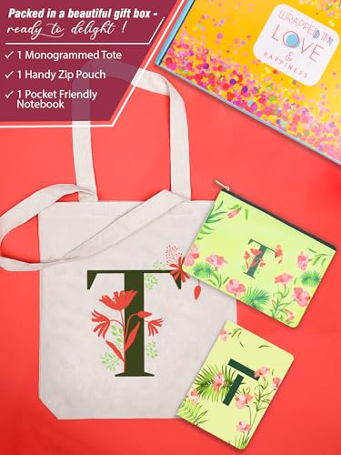 Image of DOODLE Monogram T Diary Gift Set - B6 Soft Bound Ruled Notebook with Tote Bag & Zipper Pouch - Premium Stationery Gift for Women & Girls
