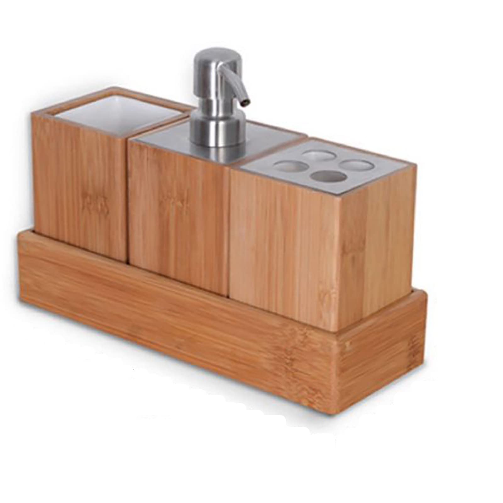 Juegos de Accesorios de Baño, Simple Madera Acesorios Cuartos de Baño 3 Piezas con Dispensador Jabon Baño Porta Cepillo de Dientes Bandeja, Multifuncional para Champú