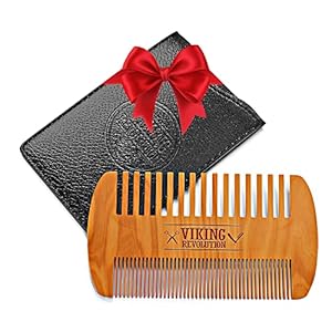 Wooden Beard Comb & Case, Dual Action Fine & Coarse Teeth, Perfect for use with Balms and Oils, Top Pocket Comb for Beards & Mustaches by Viking Revolution
