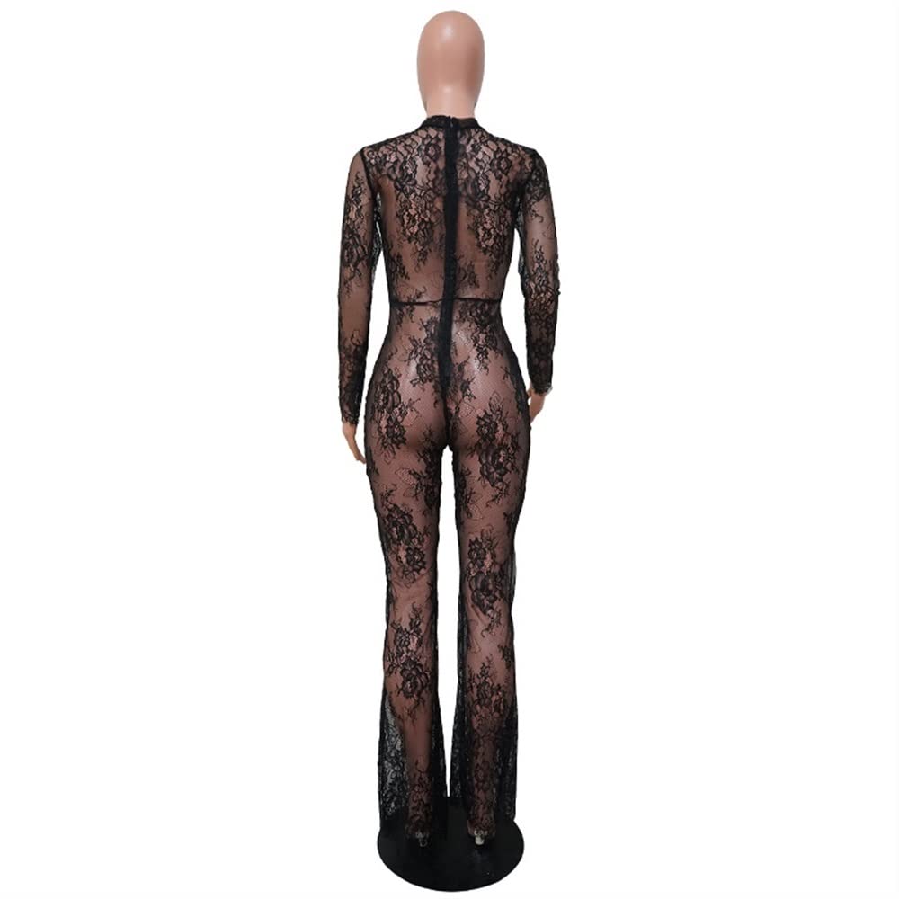 Combinaison Transparente En Dentelle Sexy Pour Femmes Jumpsuit À Manches Longues Party Nightclub Pantalon Long Combishort En Maille Moulante Transparente