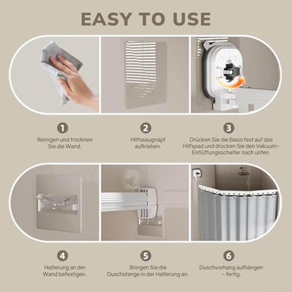 Barra de ducha plegable montada con ventosa con ajuste de tensión para uso en esquina o instalaciones de baño rectas estándar (blanco)
