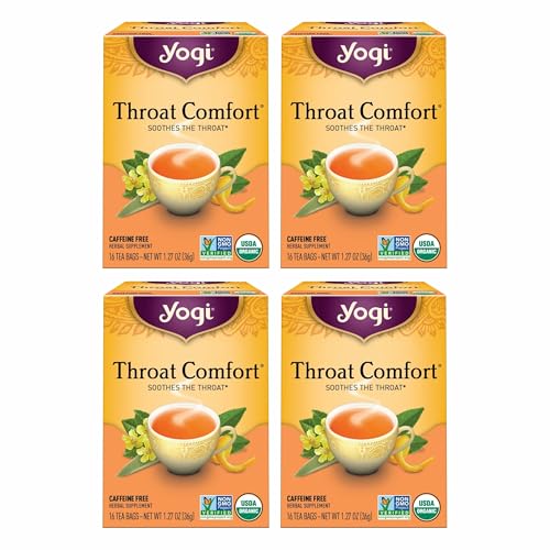 Yogi Tea Throat Comfort - 16 Bags per Pack (4 Packs) - Herbal Tea for Throats - Organic Throat Soothing - Includes Licorice Root, Wild Cherry Bark, Slippery Elm Bark & More