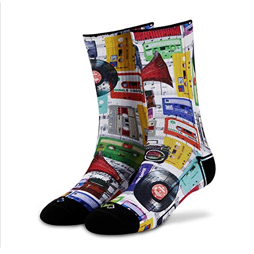 Image of DYNAMOCKS Men & Women Crew Length Socks (Comic+Cassettes)(Combo Pack of 2; Multicolour; Anti-Odour; Breathable; Durable) (Small-Fits Shoe Size India /UK 4-7)(Large-Fits Shoe Size India /UK 8-10)