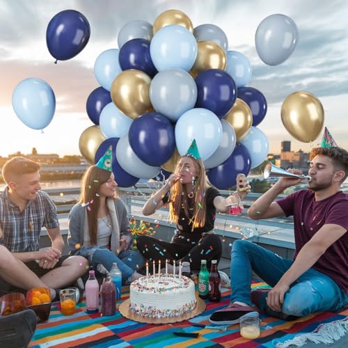 Image of Jobkoo Navy Blue Gold Balloons, 12 Inch Dusty Light Blue Golden Latex Balloon Set for Boys Birthday Winter Wonderland Wedding Baby Shower Party Decorations