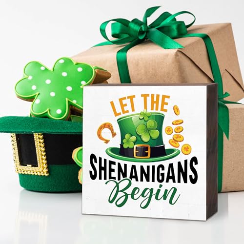 Happy St Patricks Day Decoration Let the Shenanigans Begin Wooden Sign Blessing Decor Home Tabletop Shelf Desk Decor 5 x 5 Inches St Patricks Day Decorations A10