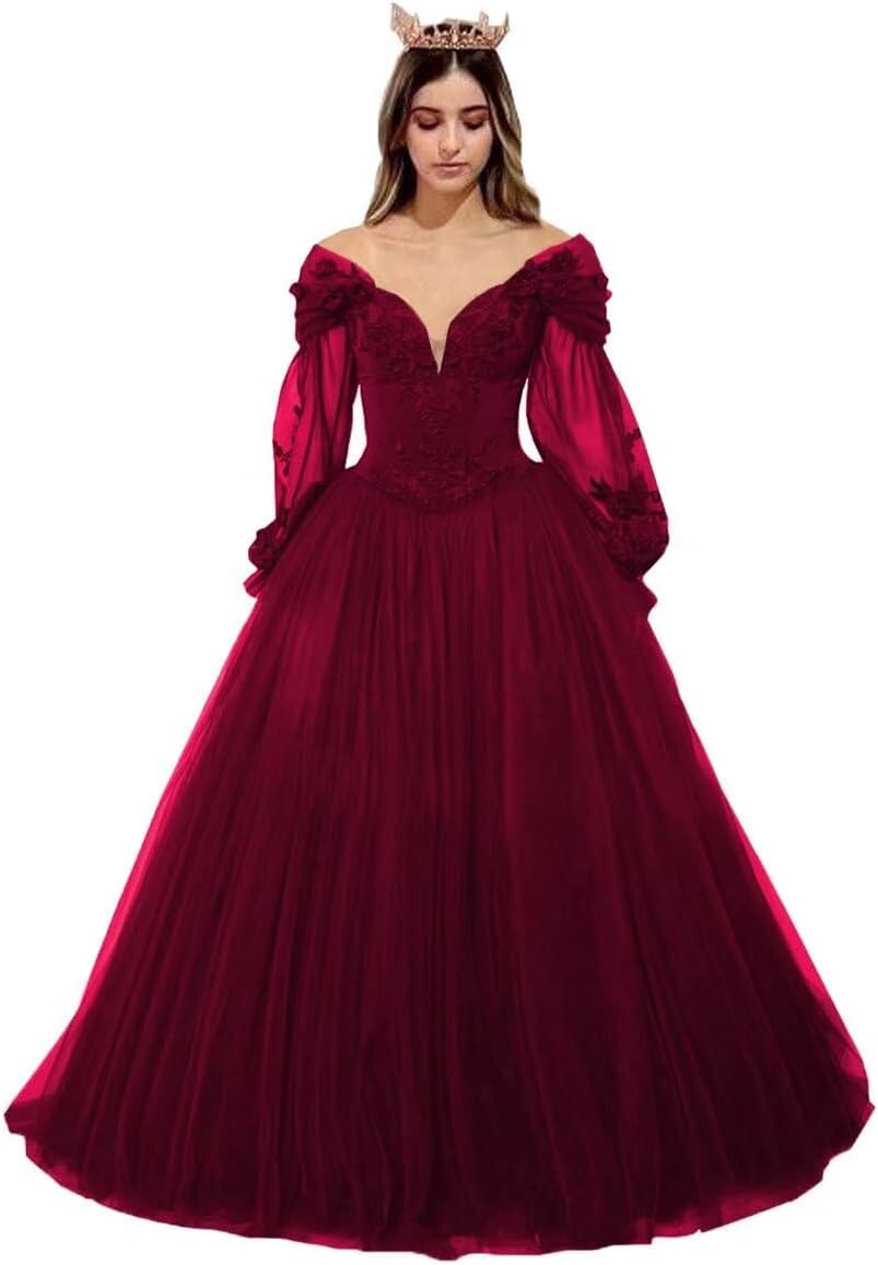 Mouccy Gothic Black Wedding Dresses for Bride Long Sleeve Bridal Gowns with Train V Neck Lace Wedding Gowns for Women