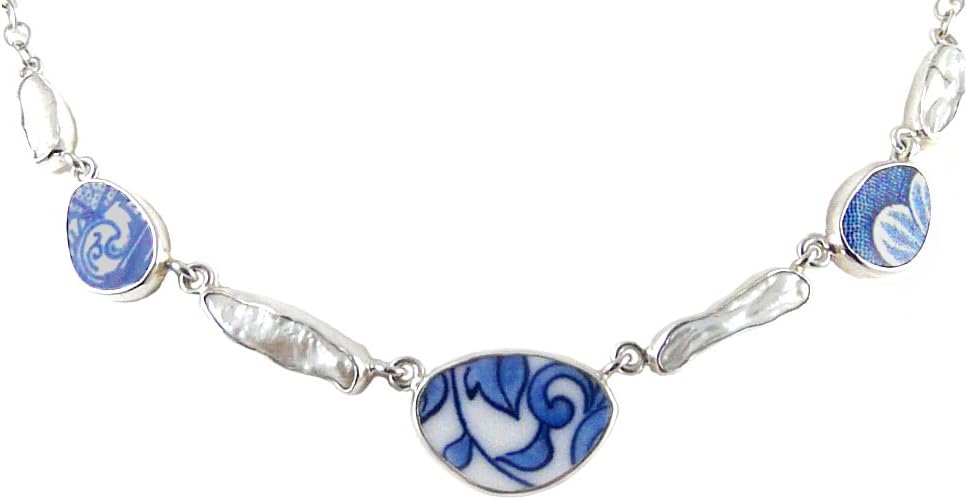 Vintage Blue China and Freshwater-Cultured Keshi Pearl Sterling Silver Necklace