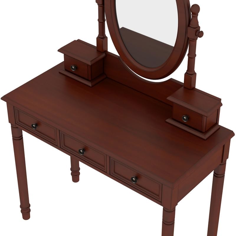 Merax 38" Vintage Vanity Set with Oval Mirror - Adjustable Makeup Desk with 5 Drawers & Matching Stool, 180° Tilt Mirror, Classic Carved Design for Bedroom/Dressing Room, Walnut