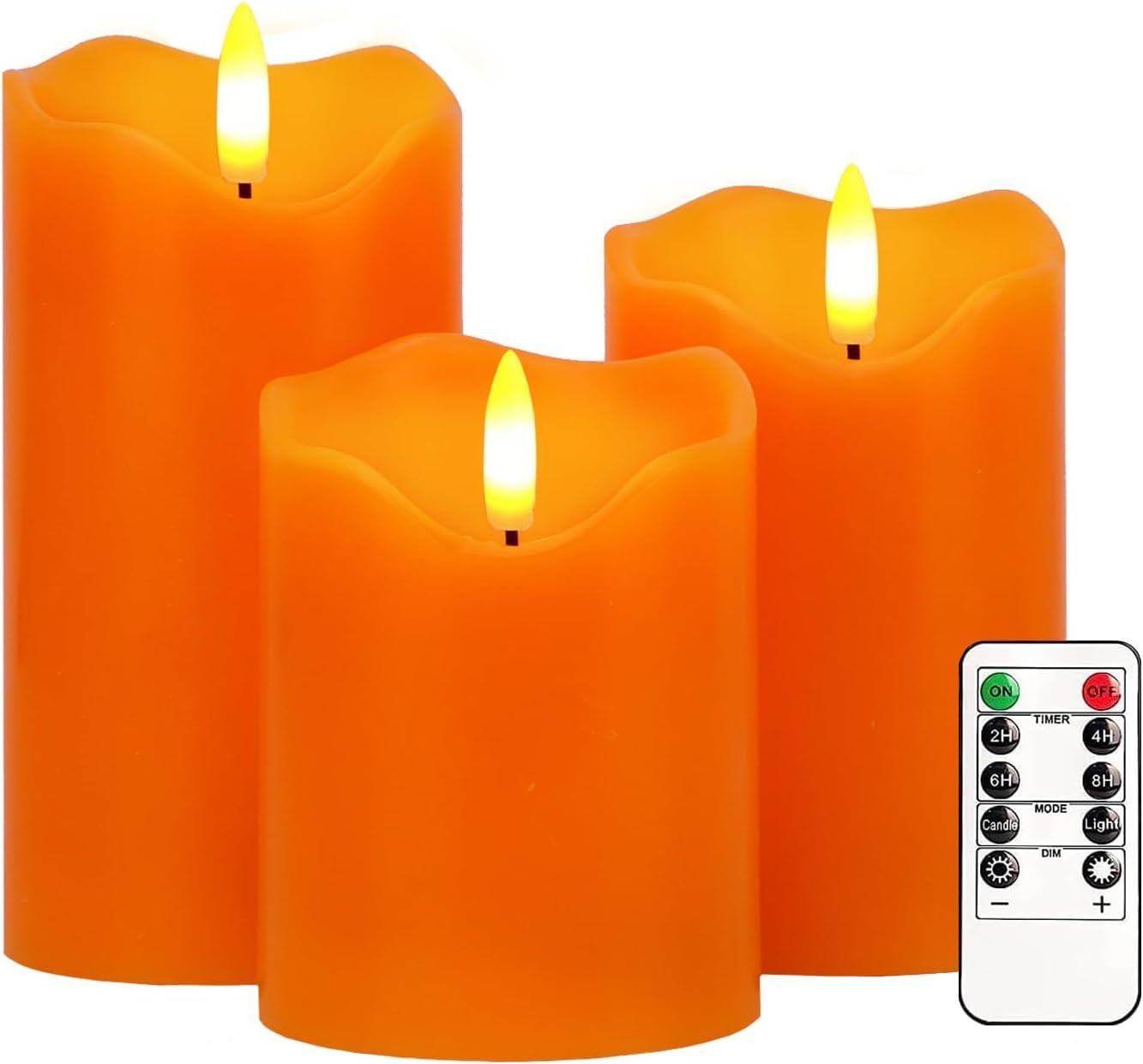 JUSTUP Flameless Candles Lights, 3 Pcs Orange Flickering LED Candles with Remote & Timer, Dimmable LED Candle Battery Operated, Electric Candle for Thanksgiving Halloween Fall Harvest Decor (Orange) — image 1