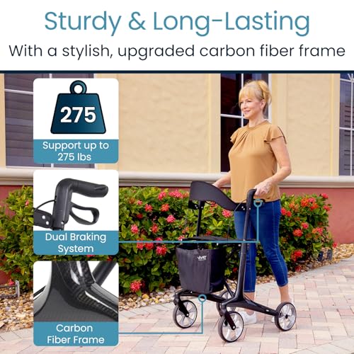 Vive Lightweight Rollator Walker with Seat - Carbon Fiber Frame for Seniors - Stand up Folding Mobility Aid - Height Adjustable, Brakes, Armrest & Storage Bag Accessory (Black) - Thumbnail 4