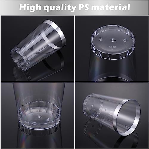 Hejo 60PCS Silver Rimmed Plastic Cups, 360 ml-12oz Plastic Glasses, Plastic Wine Glasses Reusable for Cocktail Champagne - Image 2