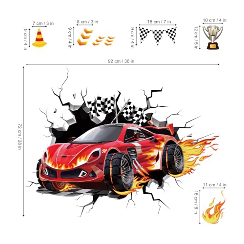 decalmile 3D Racing Cars Wall Decals Red Cars Flags Wall Stickers Boys Bedroom Kids Room Playroom Wall Decor - Image 4