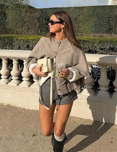 Womens Fall Knit Cape Cardigan Cropped Button Down Short Sleeve Shawl Sweater2