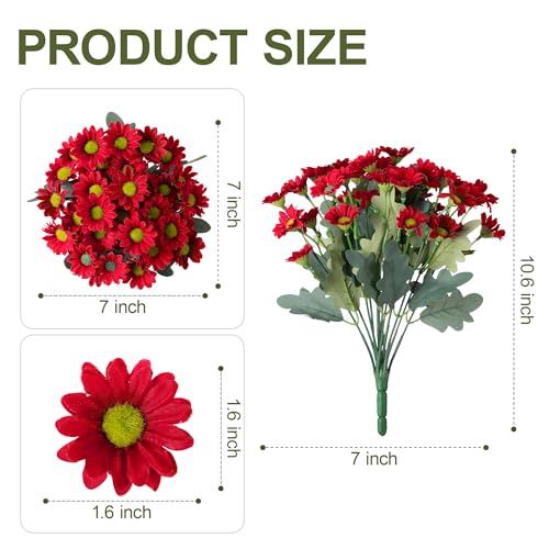 Image of HyeFlora Artificial Mums for Outdoors Fall Decor, 6 Bundles Fake Flowers UV Resistant Realistic Faux Flowers Bouquet Silk Flowers for Outside Planter Porch Patio Garden Yard Balcony Home, Red