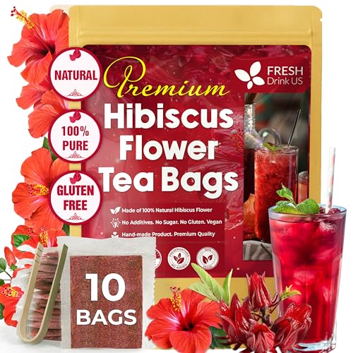 Image of FreshDrinkUS, Premium 10 Hibiscus Flowers Tea Bags, 100% Natural, Pure from Hibiscus Flowers. Loose Flower Herbal Tea. No Sugar, No Caffeine, No Gluten, Vegan.