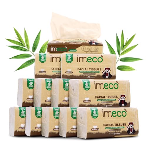 Image of IMECO Bamboo Facial Tissue Papers -100 Pulls (Pack of 12), 1200 Pulls - 2 Ply, Premium, Soft, Biodegradable & Skin Safe, 100% Natural and Ecofriendly, Soft tissue pack