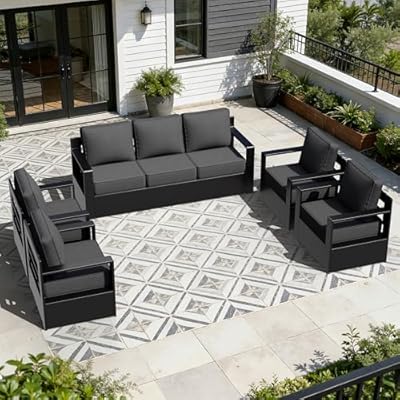 Qsoer Outdoor Aluminum Furniture Set, 5-Piece Patio Conversation Set, 4 Chairs and 1 Sofa, All-Weather Metal Frame, 6" Thick Removable Cushions, Deep Setting for Garden, Poolside and Porch