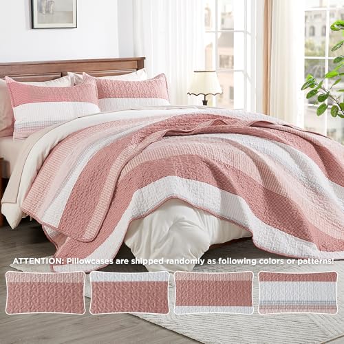 Image of Andency Queen Quilt Bedding Set Blush Pink, 3 Pieces Patchwork Summer Striped Ultra Soft Lightweight Bedspreads, Coverlets Set with 2 Pillow Shams for All Seasons (90 inchx96 inch)