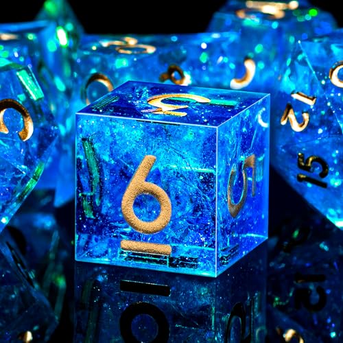 SIQUK 7-Die DND Dice Set Sharp Edge Polyhedral Dice for Dungeons and Dragons RPG MTG Table Games (Blue & Gold)