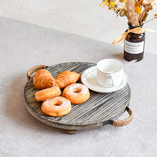 Farmhouse Wood Round Tray Rustic Wooden Cake Stand With Metal Hemp Rope Handle With Pedestal Stand Distressed Brown Riser Decorative Display Tray Great For Kitchen Bathroom Counter Home Party Decor #TOP3