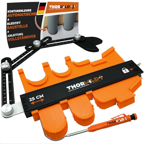 THORVALD Werkzeug Konturenlehre mit Feststeller & Winkelschablone - 25cm Konturlehre Konturen Schablone für Fliesen, Parkett, Laminat - Inkl. Tieflochmarker + Anleitung - Konturenabnehmer mit Schloss