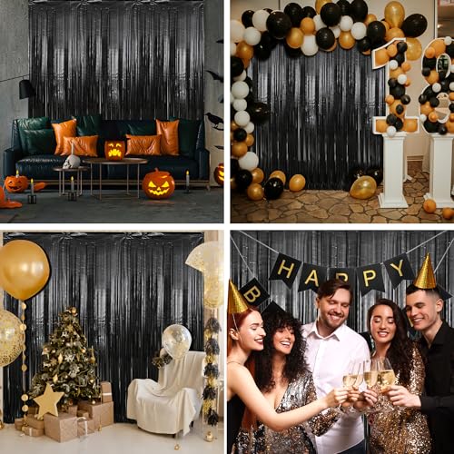 Image of Crosize 7 Pack 3.3 x 9.9 ft Black Foil Fringe Backdrop Curtain, Streamer Backdrop Curtains, Streamers Birthday Party Decoration, Rose Gold Tinsel Curtain for Parties, Galentines Decor, Baby Shower