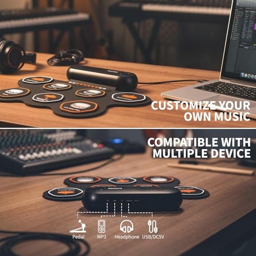 Image of Wireless Electronic Drum Set with 7 Pads, Portable Roll-Up Practice Kit for Kids & Beginners , Built-in Speaker, LED Lights, Recording & Headphone Output ,Includes Kick Pedal, Drum Sticks