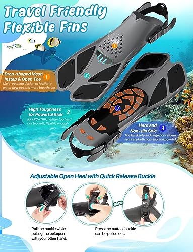 Zenoplige Snorkel Set Adults with Flippers, Snorkel Mask with Adjustable Swim Fins - Image 4
