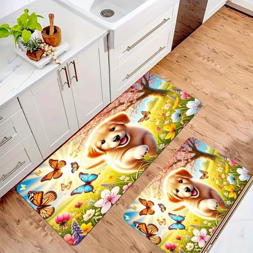 JXOEYX Sunlit Spring Meadow Golden Retriever Puppy Kitchen Rugs and