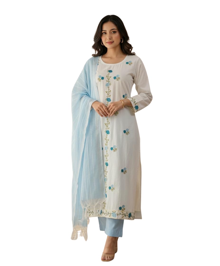 Women’s Elegant Embroidered Cotton Kurta Set with Dupatta | Ethnic Wear Straight Kurti Pant Set | Traditional Festive & Casual Wear for Women