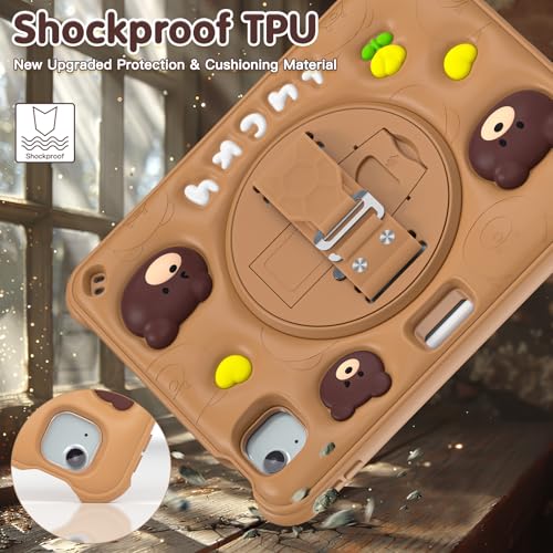 Image of ProElite Cover for iPad Air 11 M4 /M3 /M2 2026 /2025 /2024 / Pro 11 4th /3rd Gen /Air 5 /4 Gen 10.9 inch Case, Tough Bubble Kids Case with Pencil Holder with Rotating Kickstand & Shoulder Strap, Brown