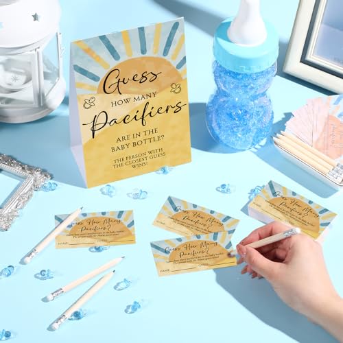 Image of Roowest 512 Pcs Baby Shower Games Guess How Many Pacifiers Sign 100 Small Guessing Games 10 HB Pencils 750ml Milk Bottle 400 Acrylic Pacifiers Decoration for Guest Gender Reveal(Blue,the Son)