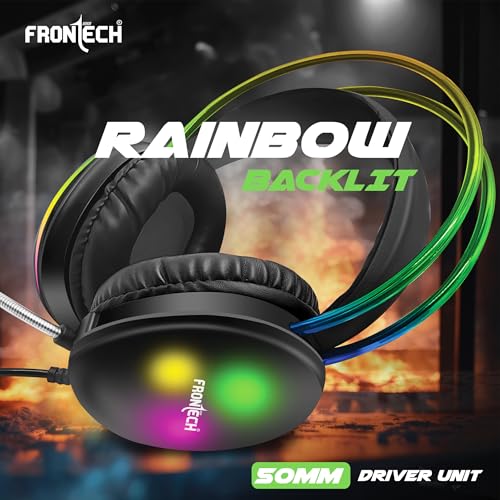 Image of FRONTECH Gaming Headset with RGB Lights | 50mm Driver | Noise-Cancelling Mic | Volume Control | 3.5mm + USB for RGB | Soft Cushions (HF-0015)
