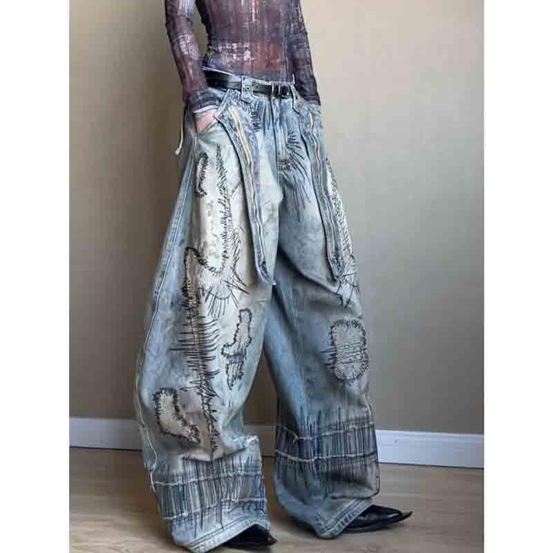 BXCNCKD Women's Retro Street Loose Slimming Wide Leg Pants Embroidered Pattern Jeans Curved Knife Pants3